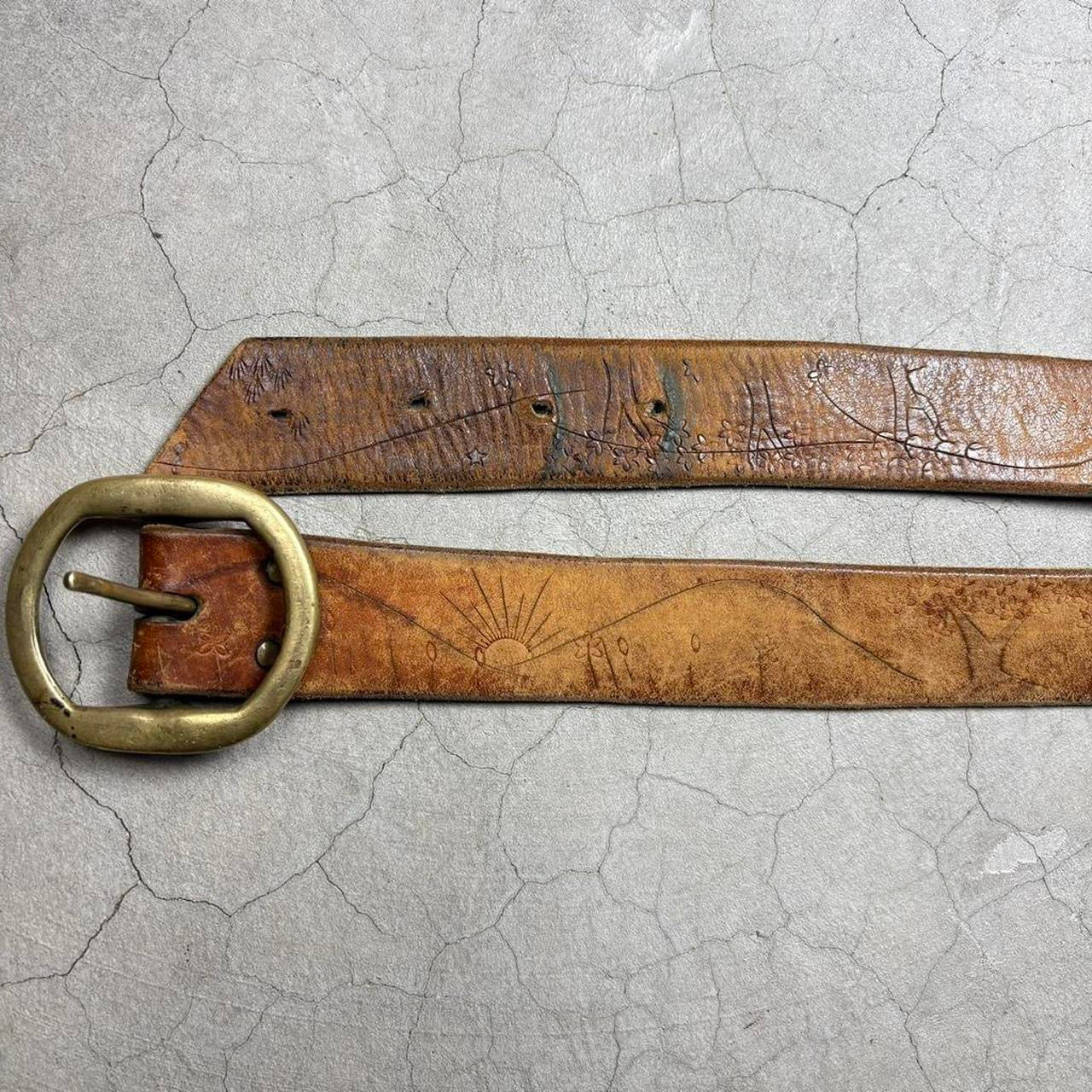 70s Hand Tooled Leather Belt Solid Brass Western Boho