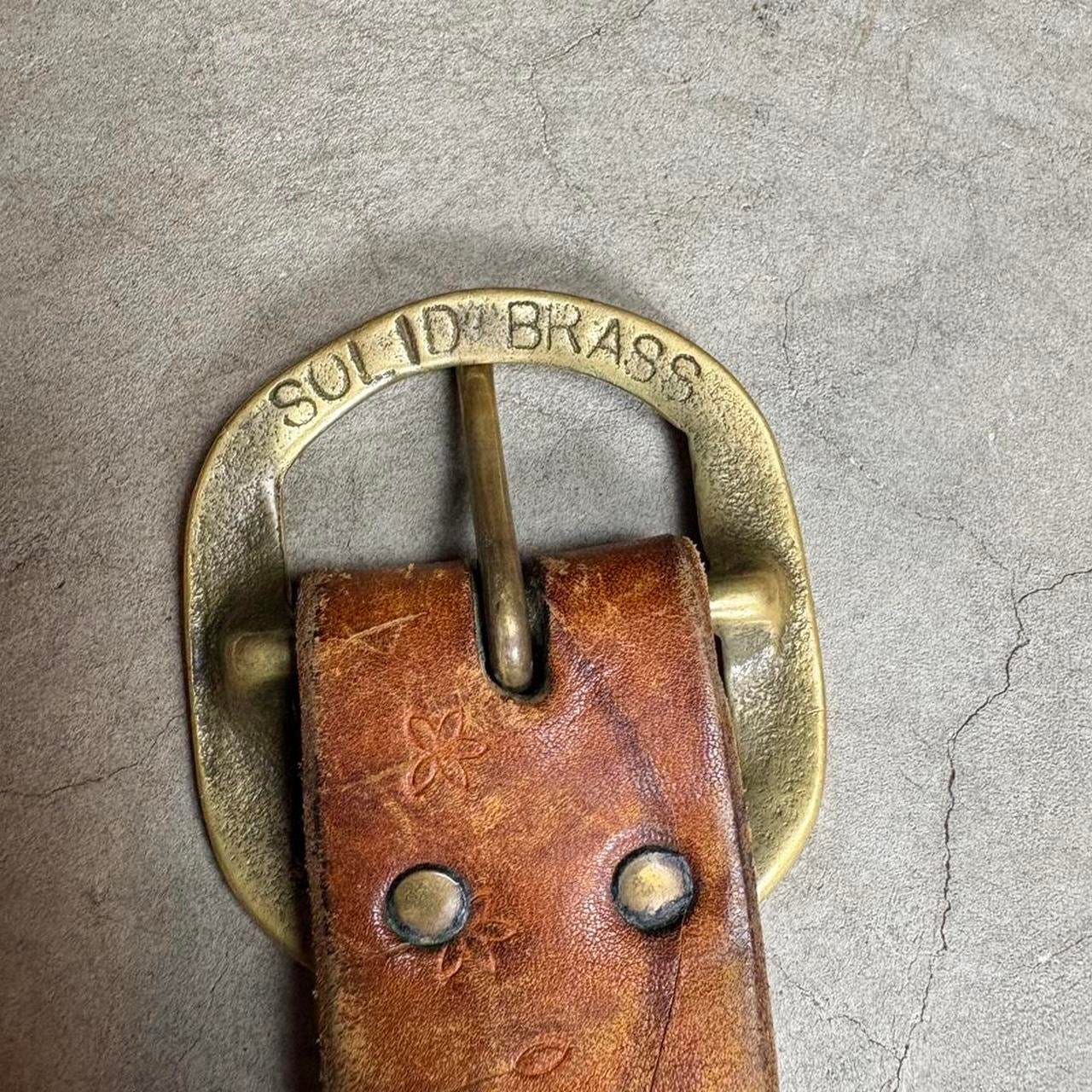 70s Hand Tooled Leather Belt Solid Brass Western Boho
