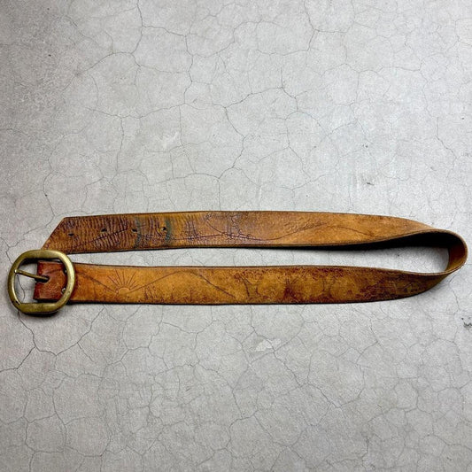 70s Hand Tooled Leather Belt Solid Brass Western Boho