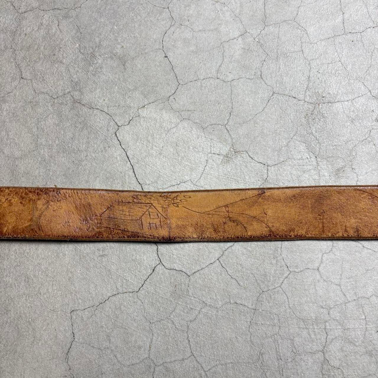 70s Hand Tooled Leather Belt Solid Brass Western Boho