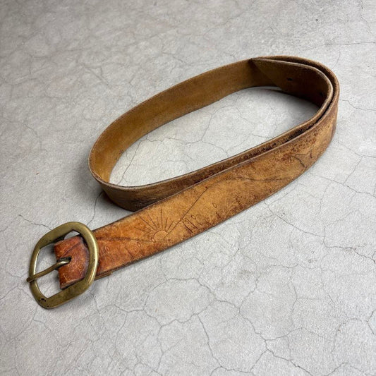 70s Hand Tooled Leather Belt Solid Brass Western Boho