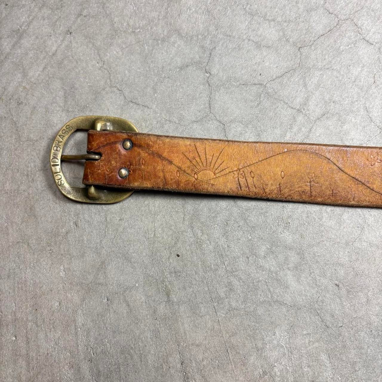 70s Hand Tooled Leather Belt Solid Brass Western Boho